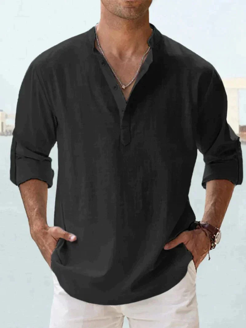 Men's Linen Shirt, Open Collar Relaxed Fit Lightweight Smart Casual Summer Shirt