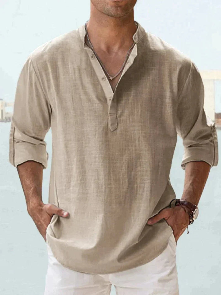 Men's Linen Shirt, Open Collar Relaxed Fit Lightweight Smart Casual Summer Shirt