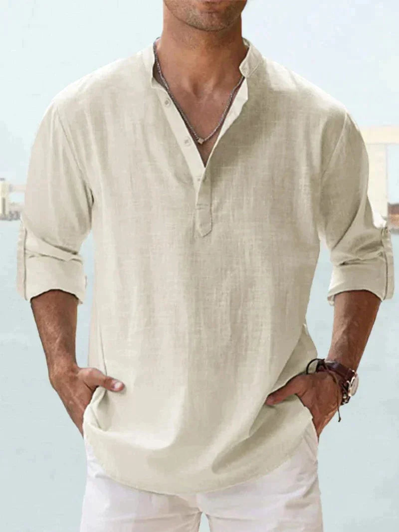Men's Linen Shirt, Open Collar Relaxed Fit Lightweight Smart Casual Summer Shirt