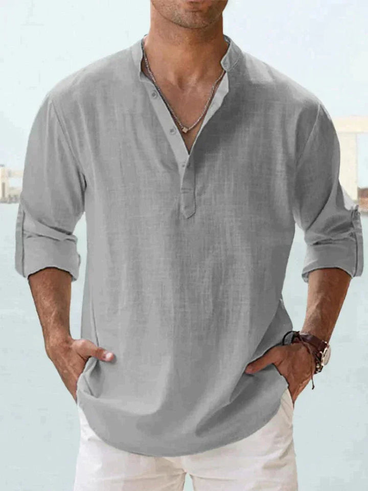 Men's Linen Shirt, Open Collar Relaxed Fit Lightweight Smart Casual Summer Shirt