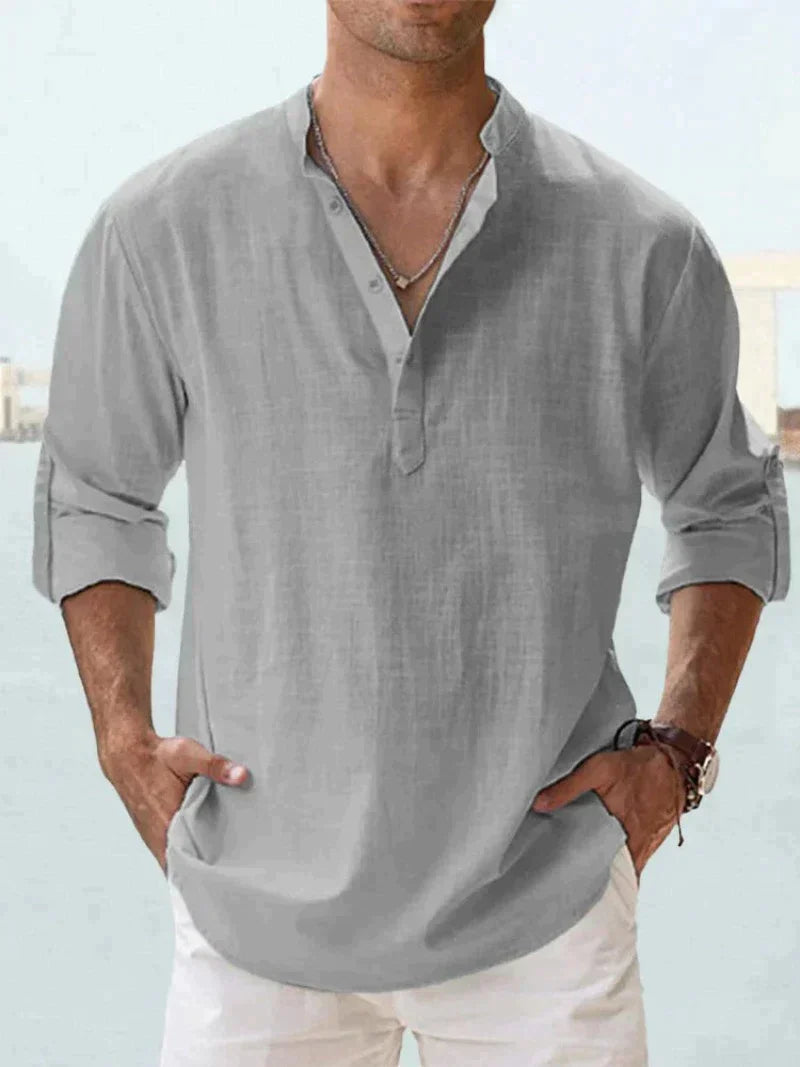 Men's Linen Shirt, Open Collar Relaxed Fit Lightweight Smart Casual Summer Shirt