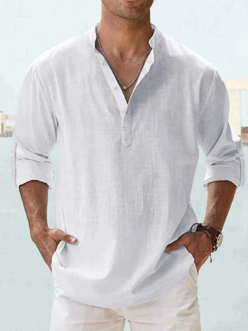 Men's Linen Shirt, Open Collar Relaxed Fit Lightweight Smart Casual Summer Shirt