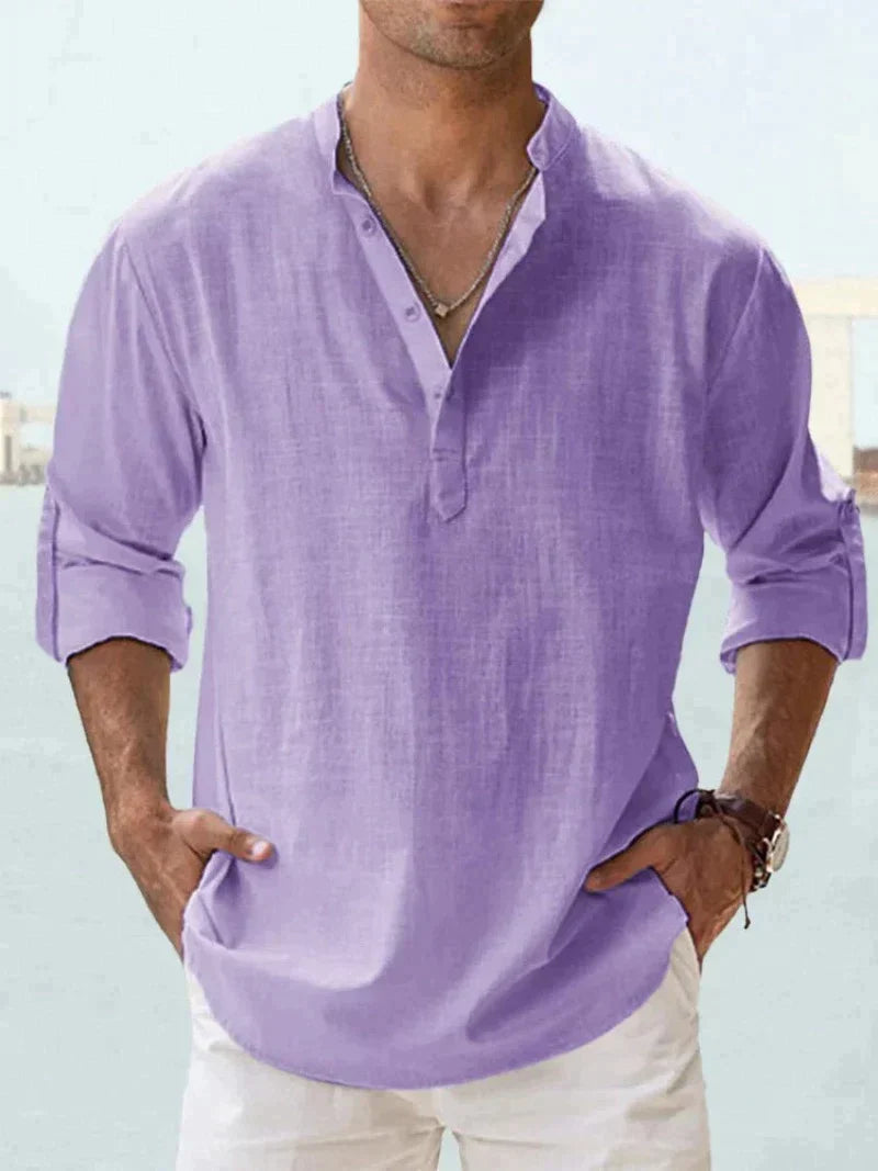 Men's Linen Shirt, Open Collar Relaxed Fit Lightweight Smart Casual Summer Shirt