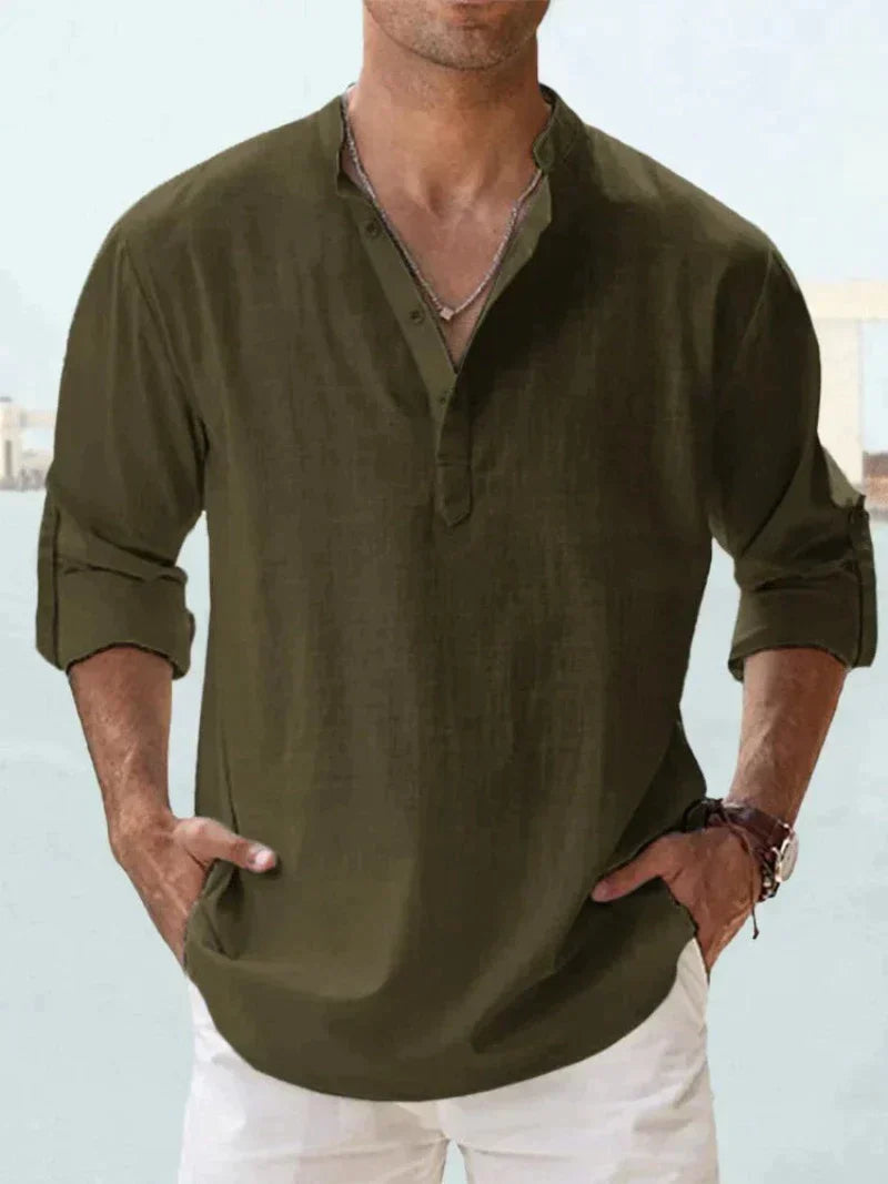 Men's Linen Shirt, Open Collar Relaxed Fit Lightweight Smart Casual Summer Shirt