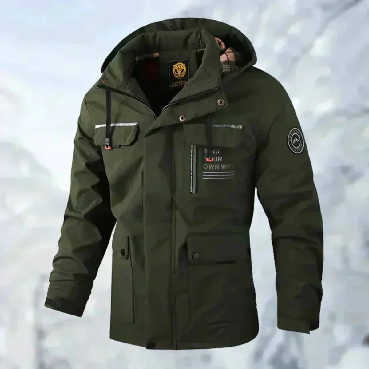 Men's hooded jacket with long sleeves, zip front and multiple utility pockets