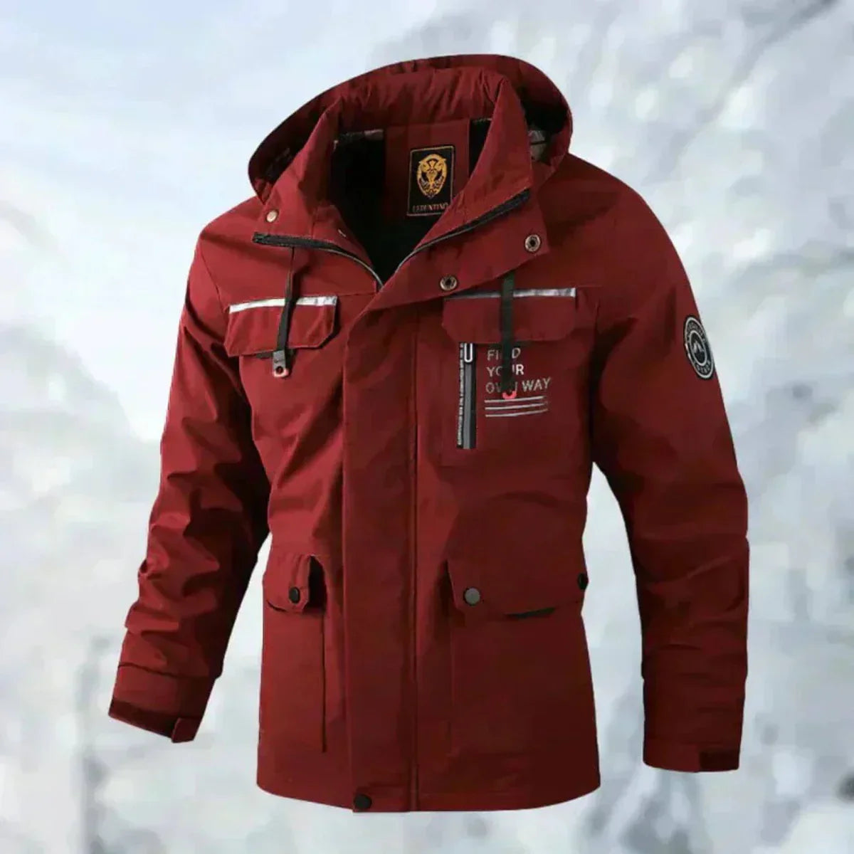 Men's hooded jacket with long sleeves, zip front and multiple utility pockets