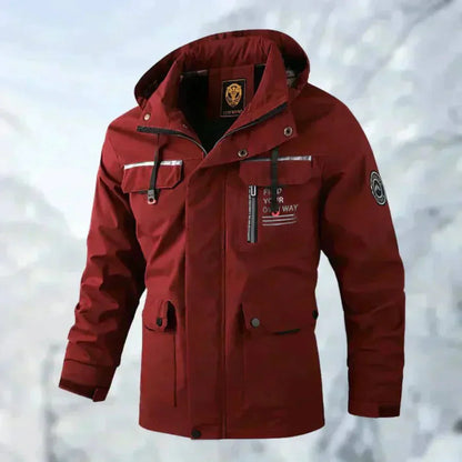 Men's hooded jacket with long sleeves, zip front and multiple utility pockets