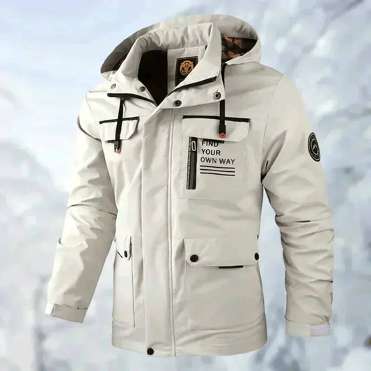 Men's hooded jacket with long sleeves, zip front and multiple utility pockets
