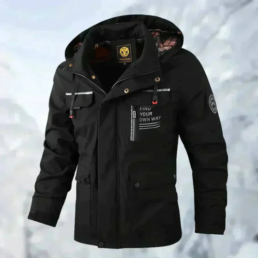 Men's hooded jacket with long sleeves, zip front and multiple utility pockets