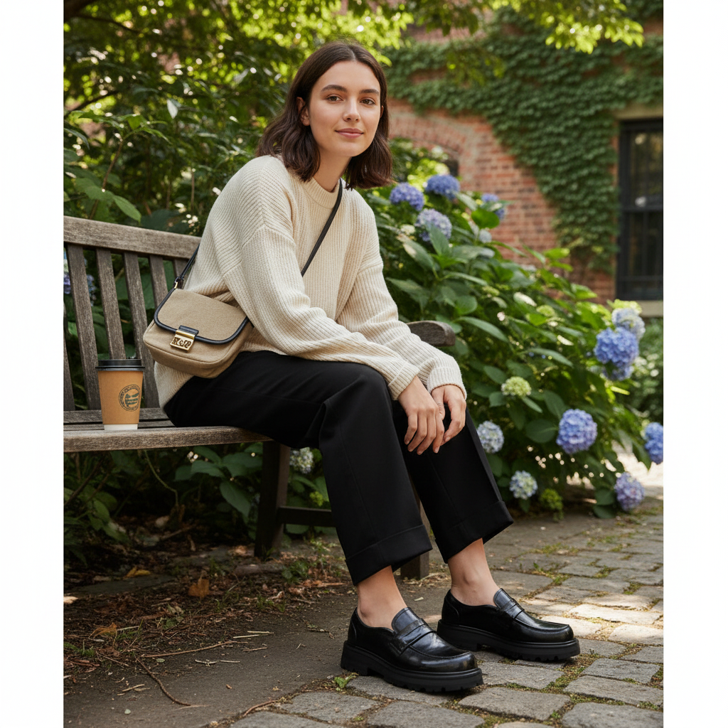 Unisex polished loafers with wide vamp straps and chunky lug soles