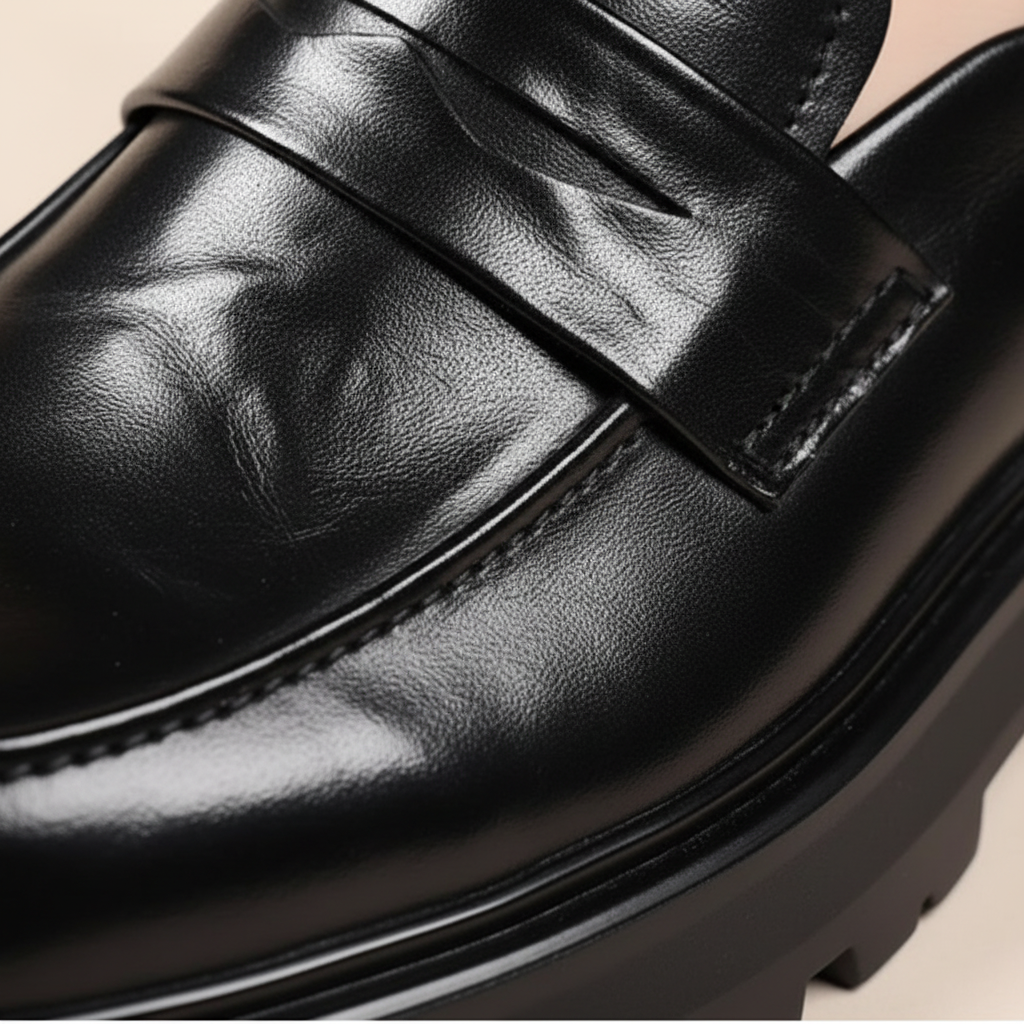 Unisex polished loafers with wide vamp straps and chunky lug soles