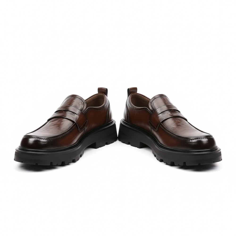 Unisex polished loafers with wide vamp straps and chunky lug soles