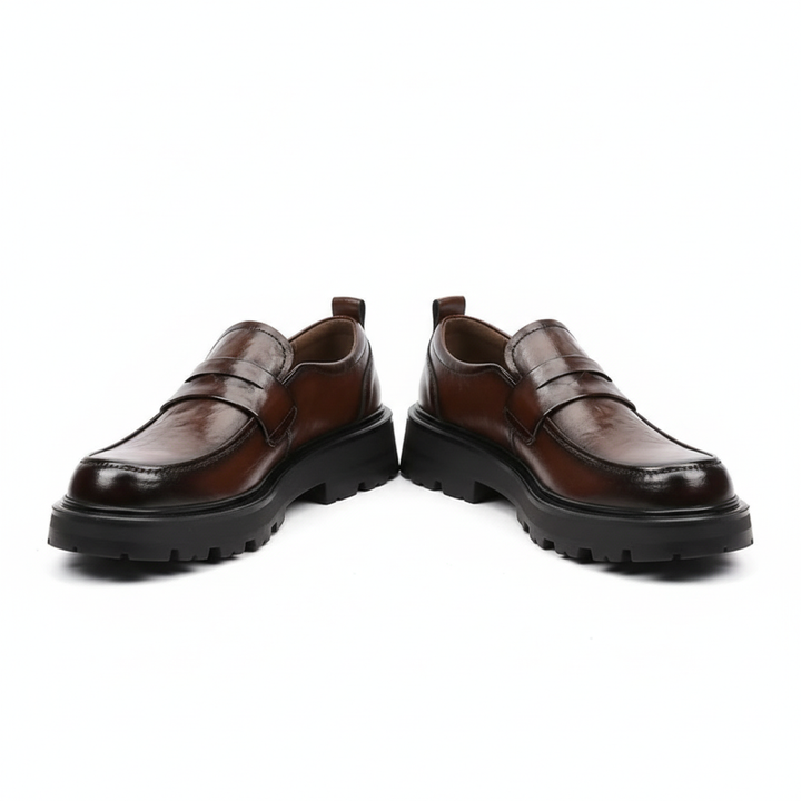 Unisex polished loafers with wide vamp straps and chunky lug soles