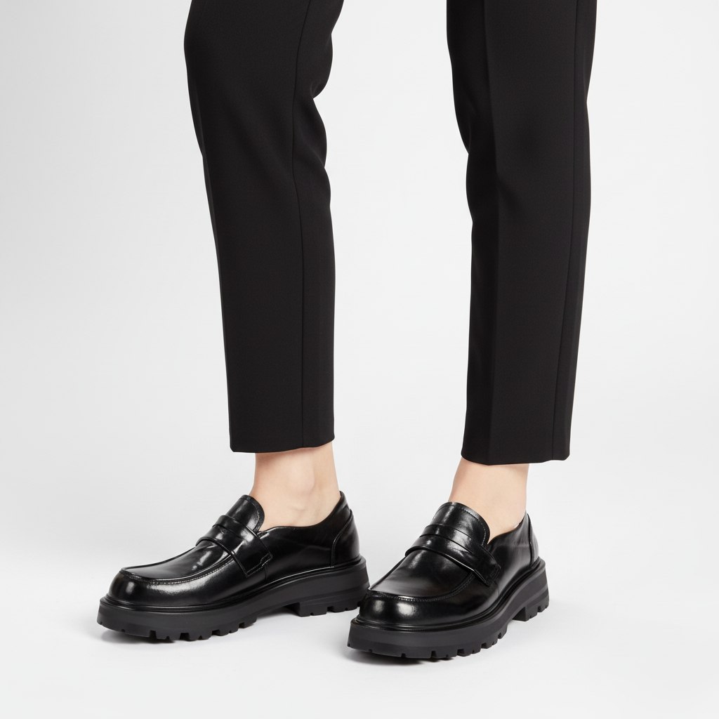 Unisex polished loafers with wide vamp straps and chunky lug soles