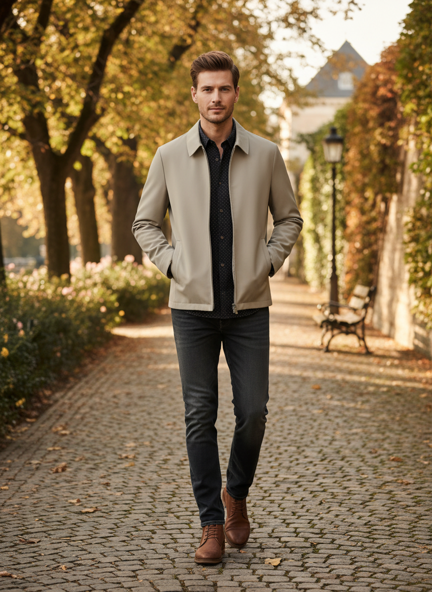 Men's plain zip front jacket with pointed collar and side pockets
