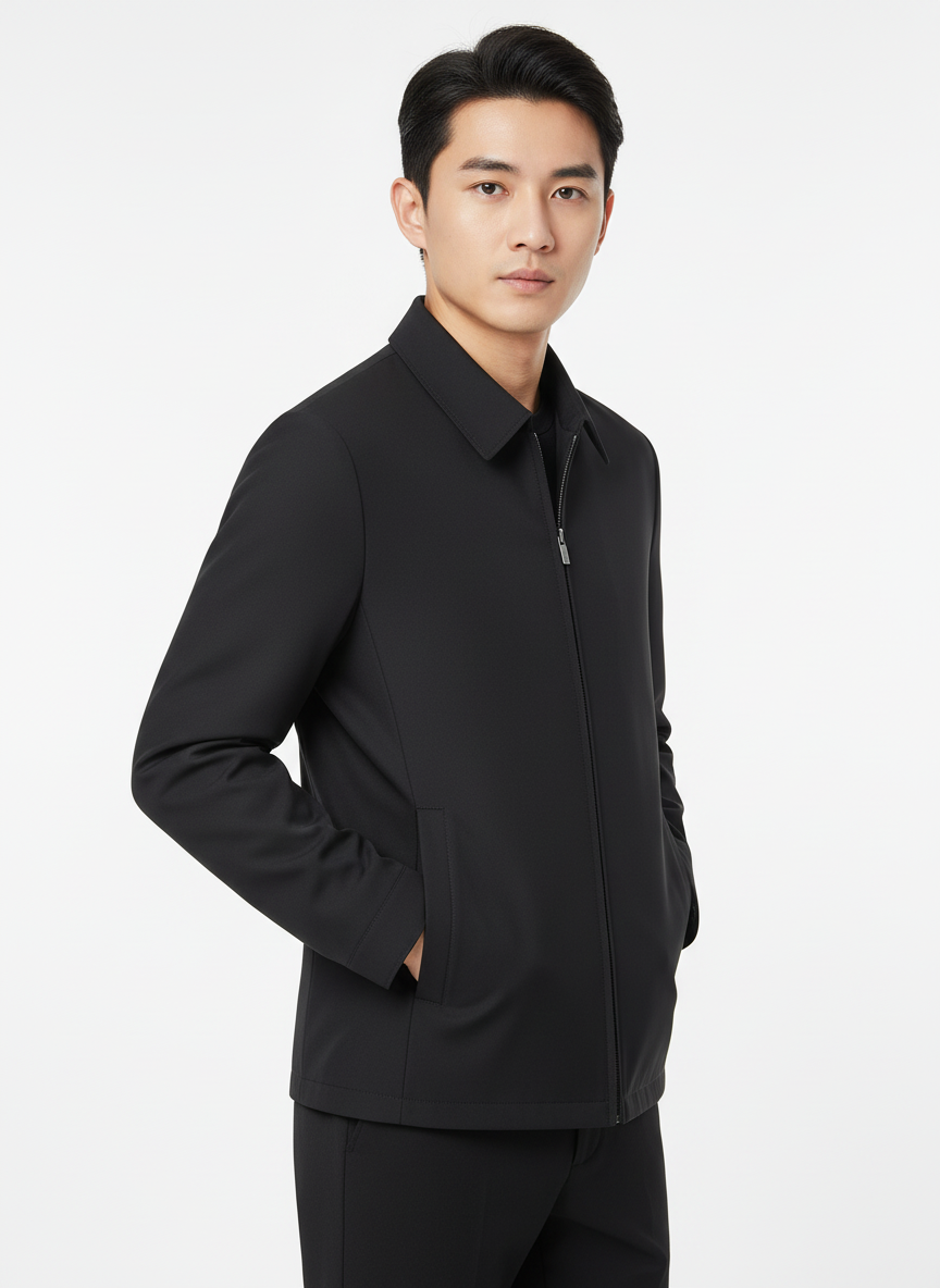 Men's plain zip front jacket with pointed collar and side pockets
