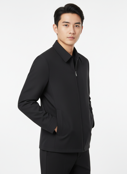 Men's plain zip front jacket with pointed collar and side pockets