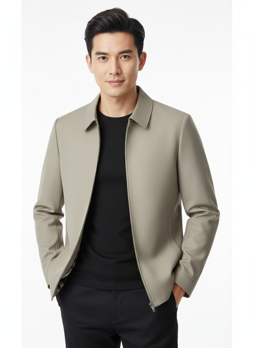 Men's plain zip front jacket with pointed collar and side pockets