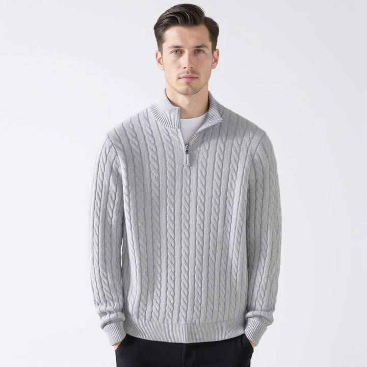 Men's cable knit quarter-zip sweaters in navy and gray
