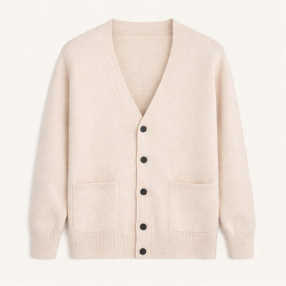 Men's V-neck button cardigan with long sleeves and patch pockets