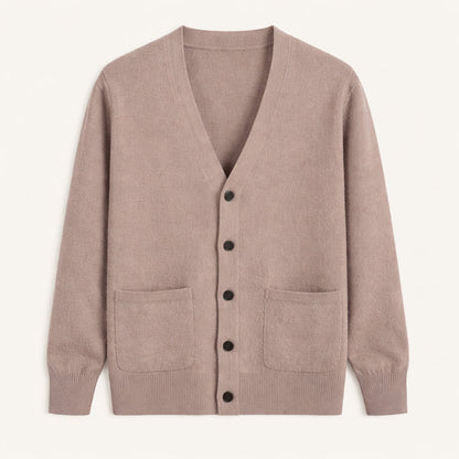 Men's V-neck button cardigan with long sleeves and patch pockets