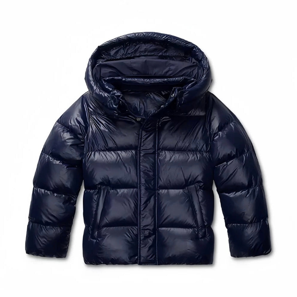 Hooded quilted puffer jacket with glossy finish and long sleeves