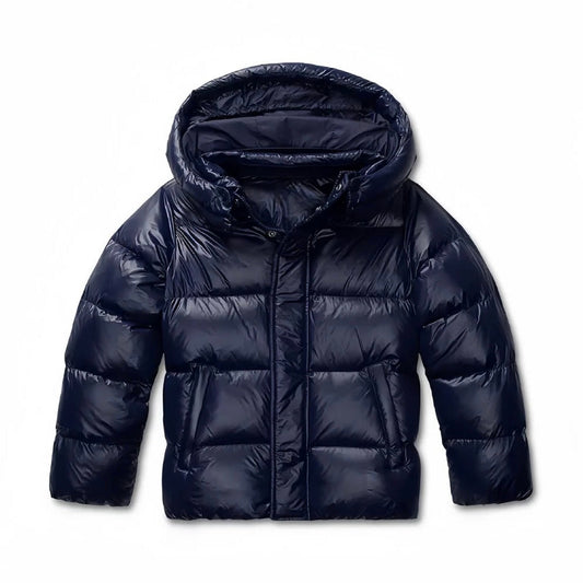 Hooded quilted puffer jacket with glossy finish and long sleeves