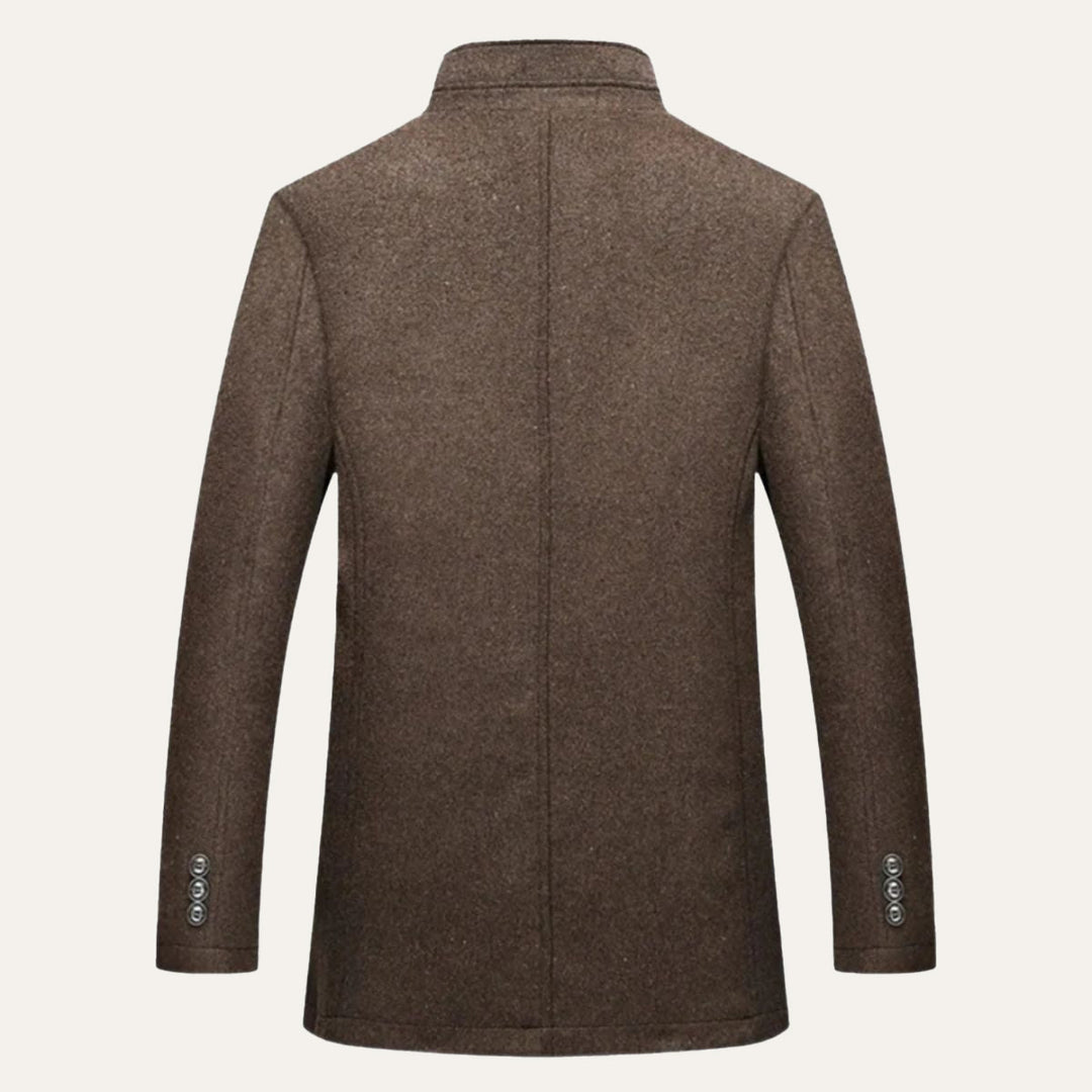 Men's long patterned overcoat with stand collar and button front