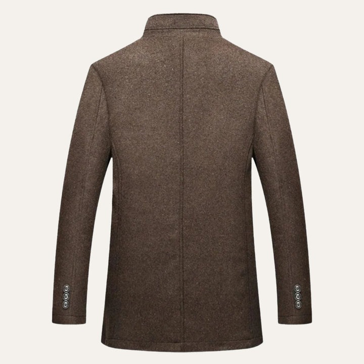 Men's long patterned overcoat with stand collar and button front