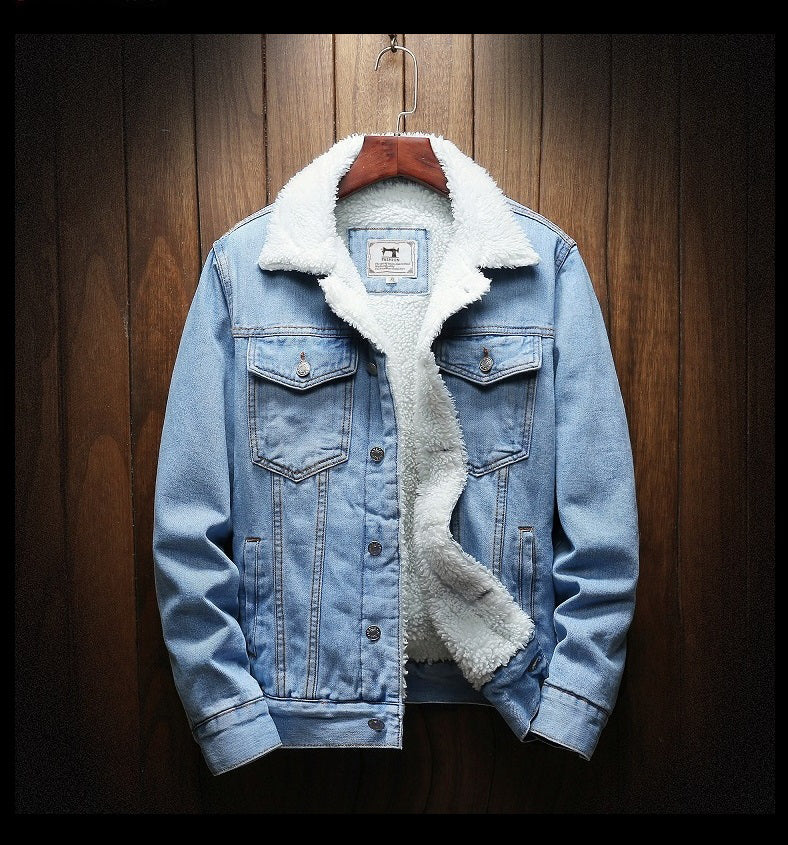 Sherpa-lined denim jacket with button front, chest pockets and long sleeves