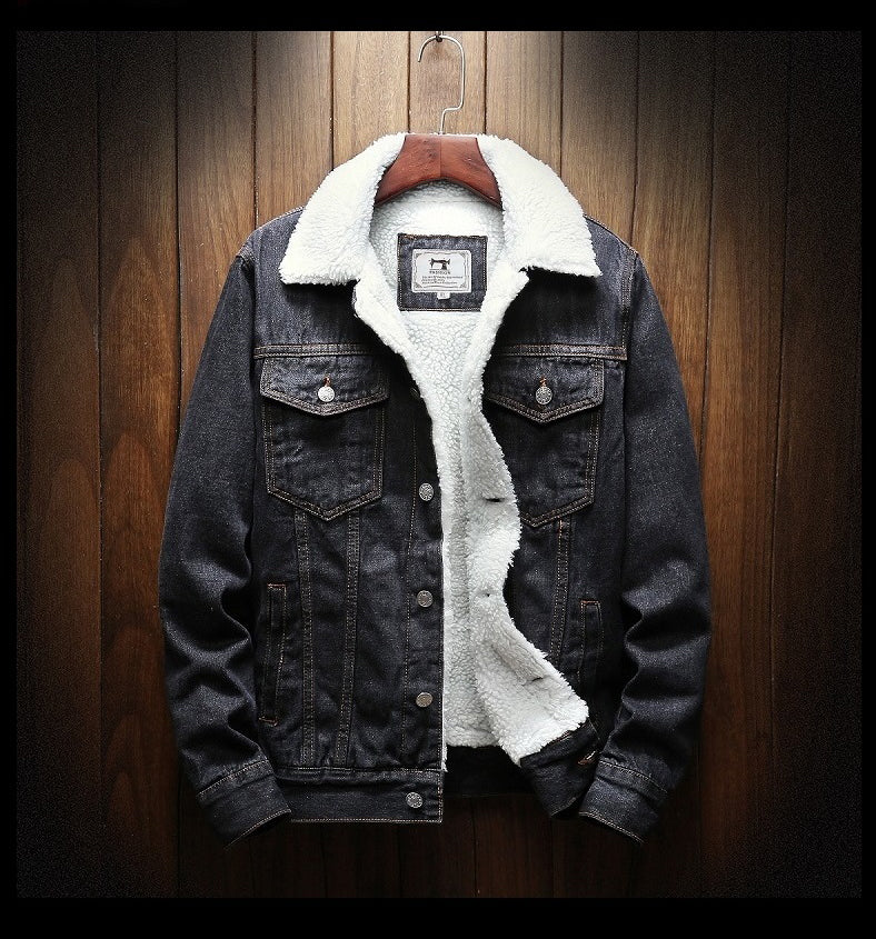 Sherpa-lined denim jacket with button front, chest pockets and long sleeves