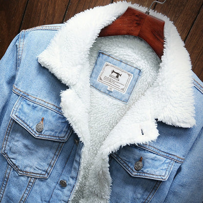 Sherpa-lined denim jacket with button front, chest pockets and long sleeves