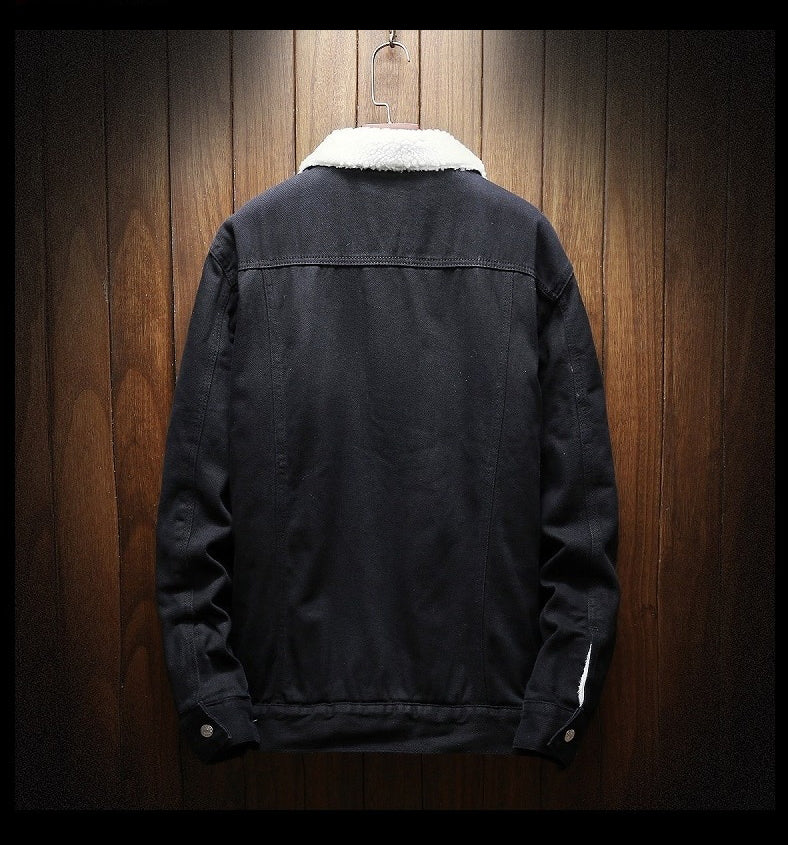 Sherpa-lined denim jacket with button front, chest pockets and long sleeves