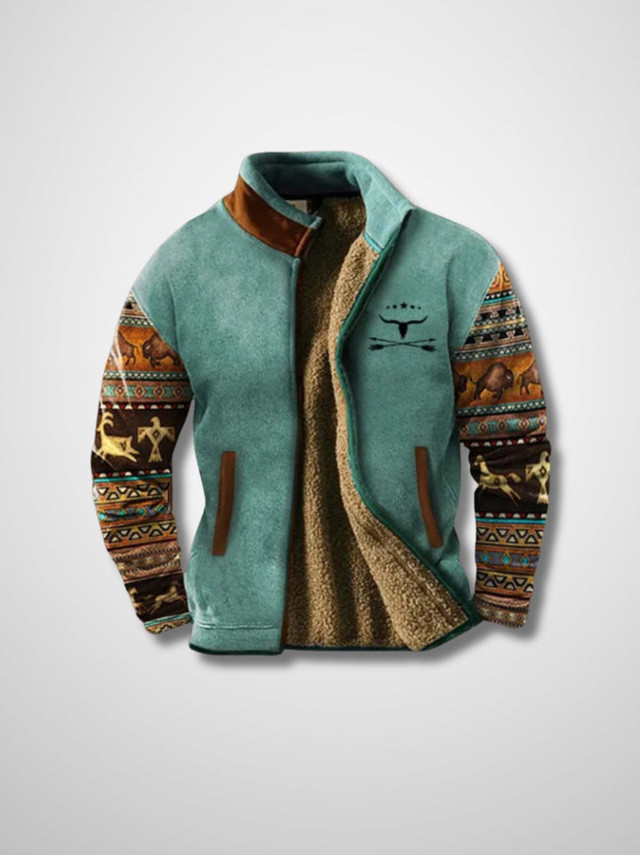 Men's fleece jacket with sherpa-style lining and patterned long sleeves