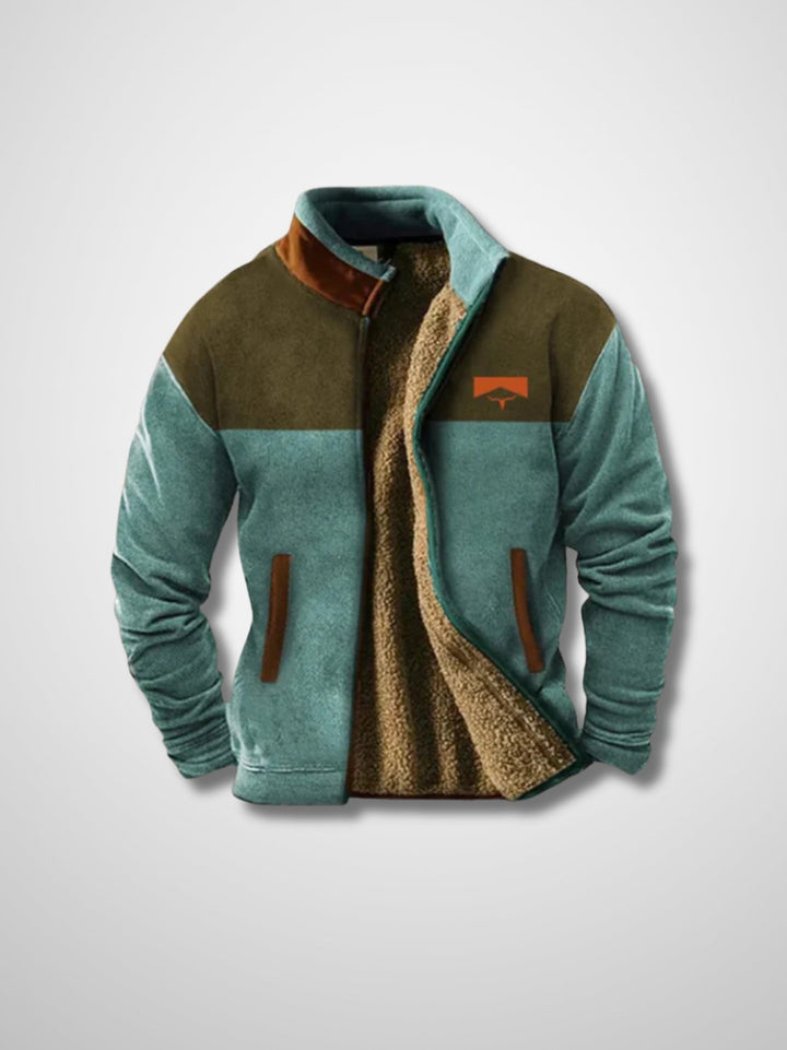 Men's fleece jacket with sherpa-style lining and patterned long sleeves