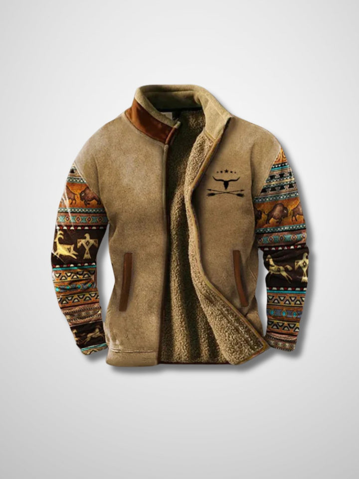 Men's fleece jacket with sherpa-style lining and patterned long sleeves