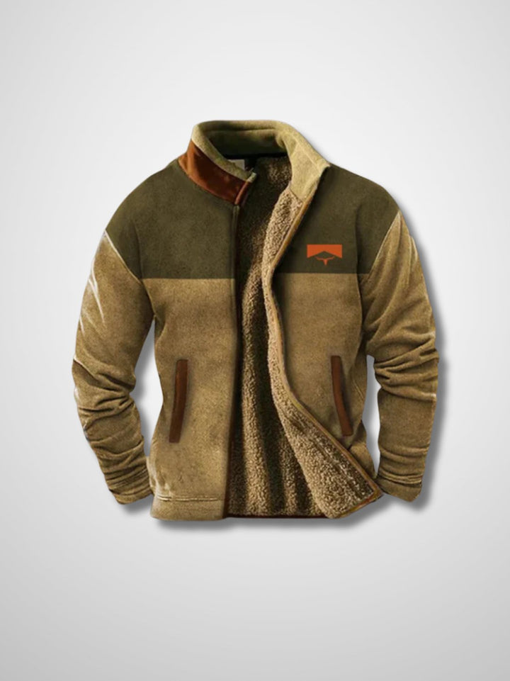 Men's fleece jacket with sherpa-style lining and patterned long sleeves