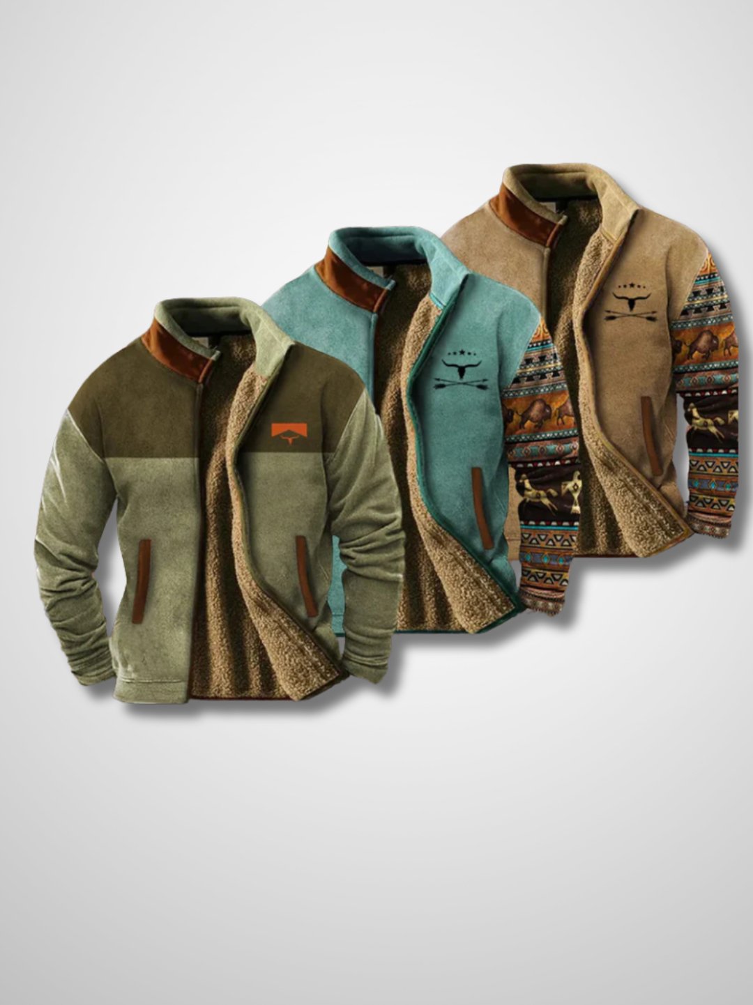 Men's fleece jacket with sherpa-style lining and patterned long sleeves
