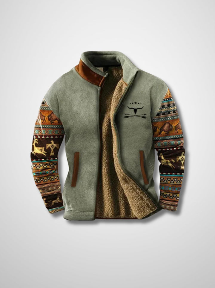 Men's fleece jacket with sherpa-style lining and patterned long sleeves