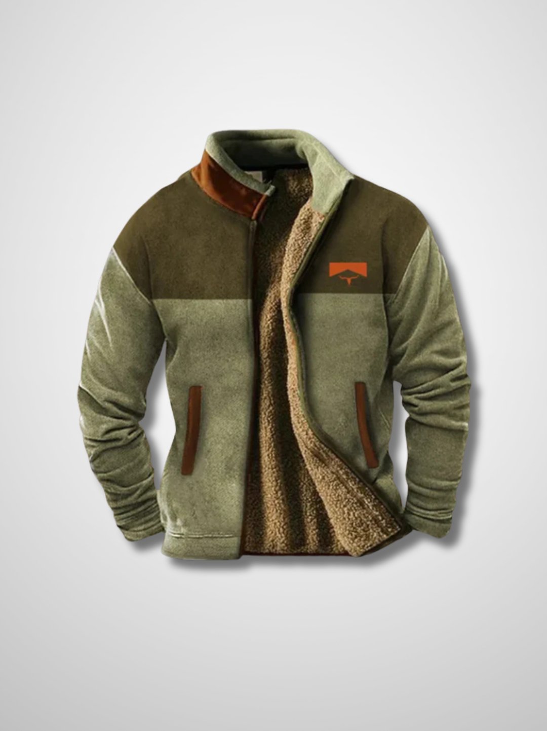 Men's fleece jacket with sherpa-style lining and patterned long sleeves