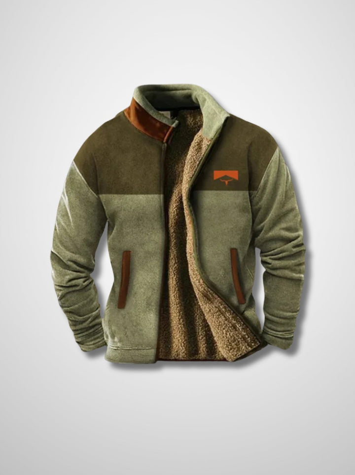 Men's fleece jacket with sherpa-style lining and patterned long sleeves