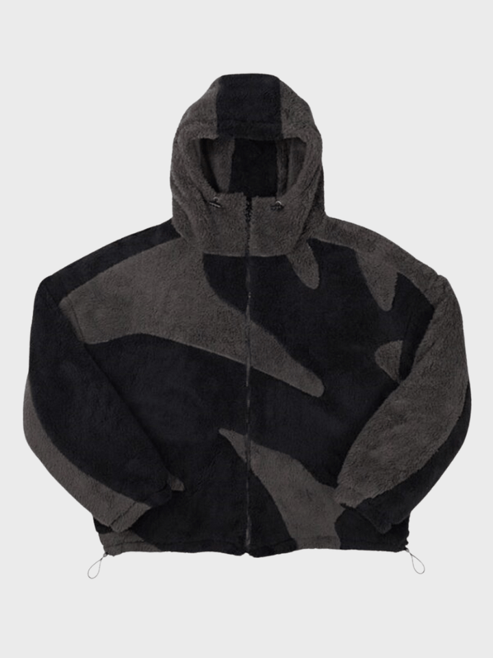 Men's hooded fleece jacket with contrasting abstract panels