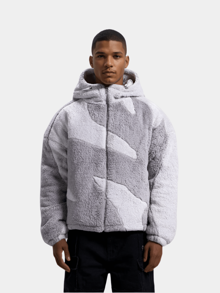 Men's hooded fleece jacket with contrasting abstract panels