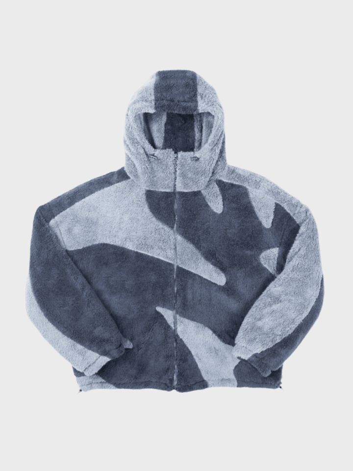 Men's hooded fleece jacket with contrasting abstract panels