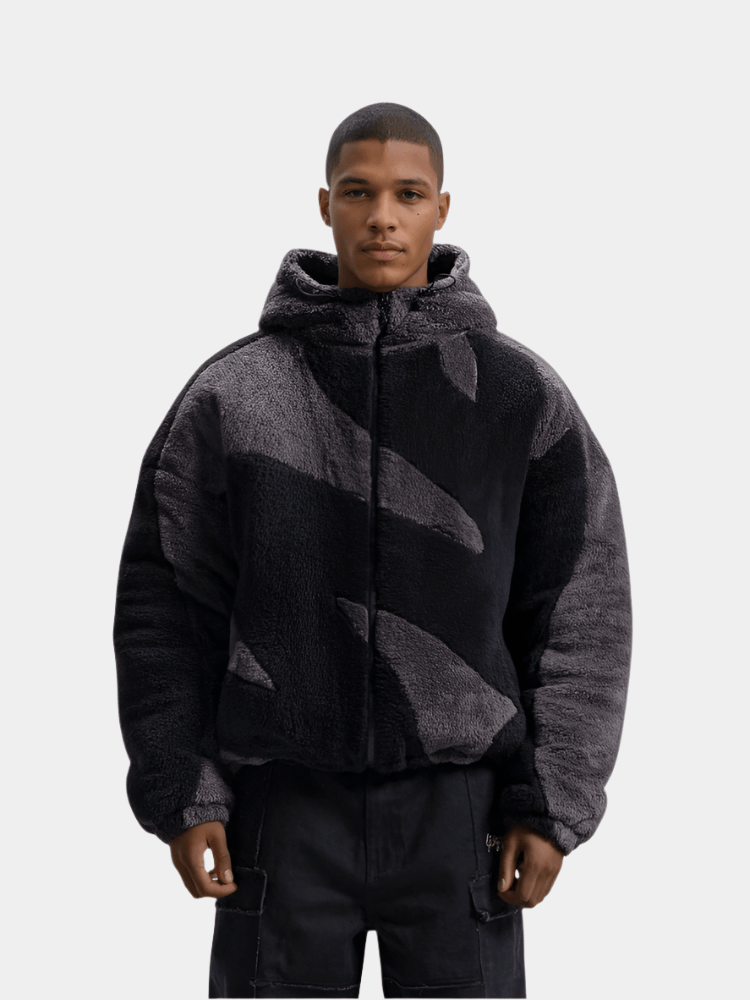 Men's hooded fleece jacket with contrasting abstract panels