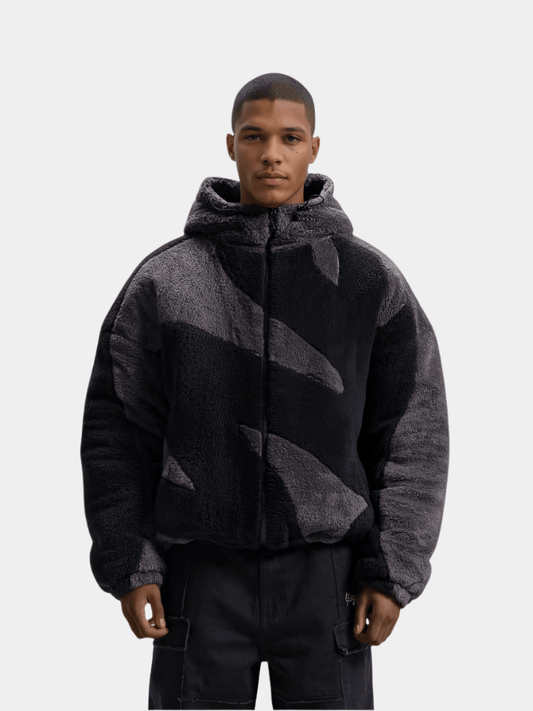 Men's hooded fleece jacket with contrasting abstract panels