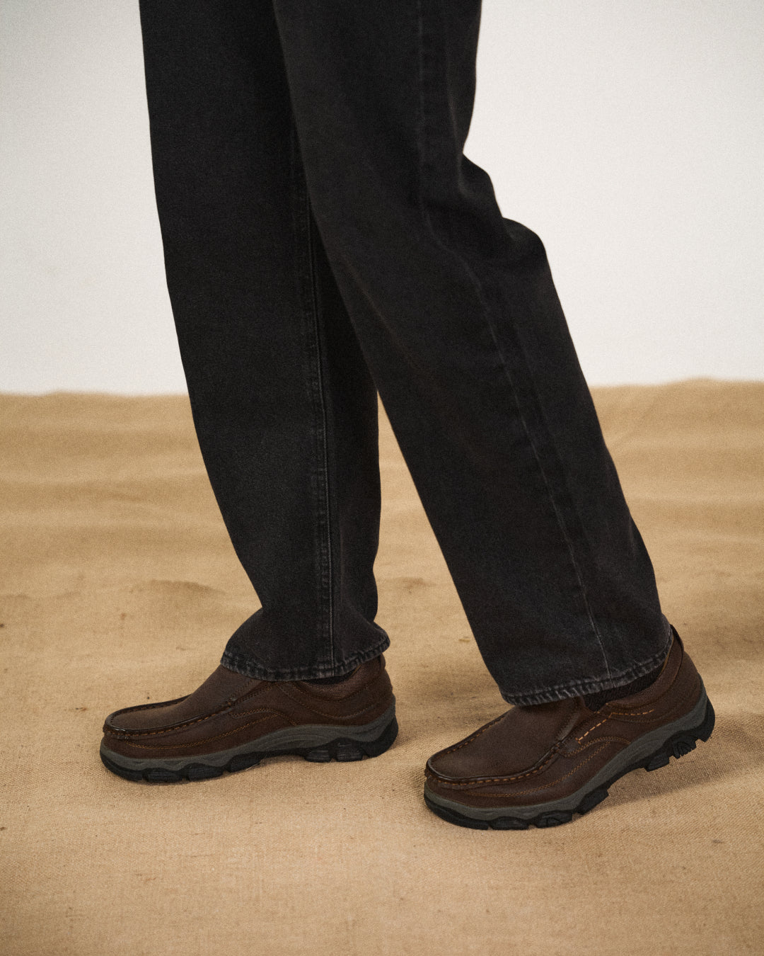 Men's moc toe loafers with contrast stitching and chunky lug soles