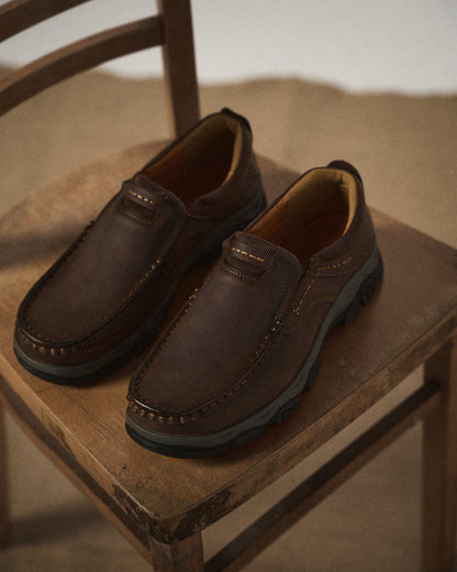 Men's moc toe loafers with contrast stitching and chunky lug soles