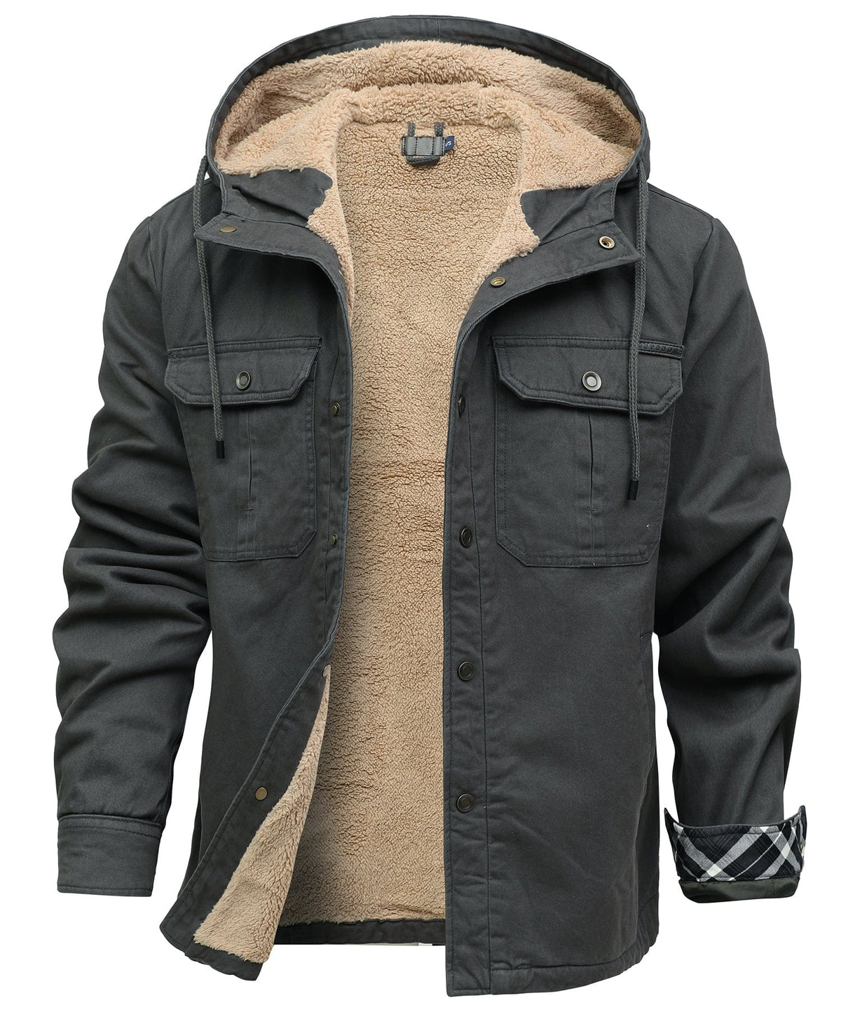 Hooded utility jacket with fleece-textured lining, snap front and multiple pockets