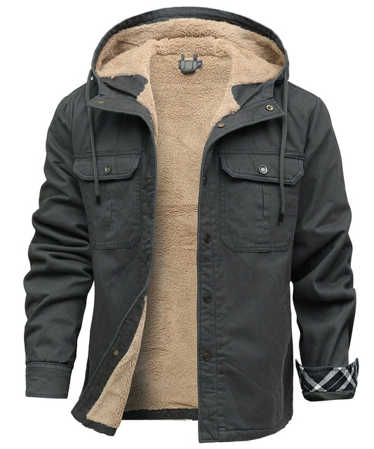 Hooded utility jacket with fleece-textured lining, snap front and multiple pockets